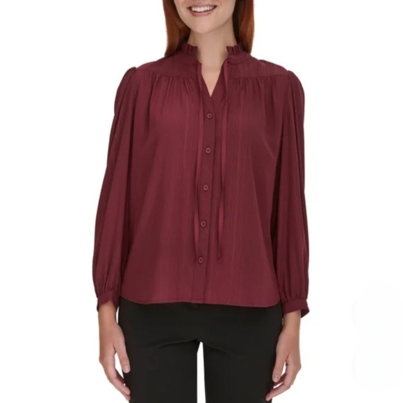 DKNY Women's Lurex Blouse Burgandy Long Sleeve Ruffle Top  NWOT - Picture 5 of 14